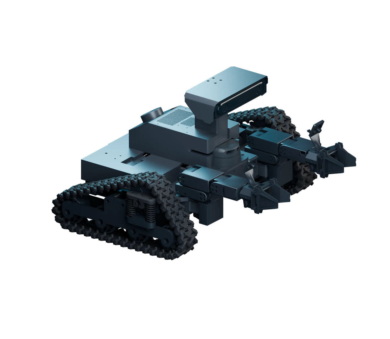 Envirobot in its neutral CAD pose, with tracked base, two arms and sensor head, rendered in graphite with cyan accents.