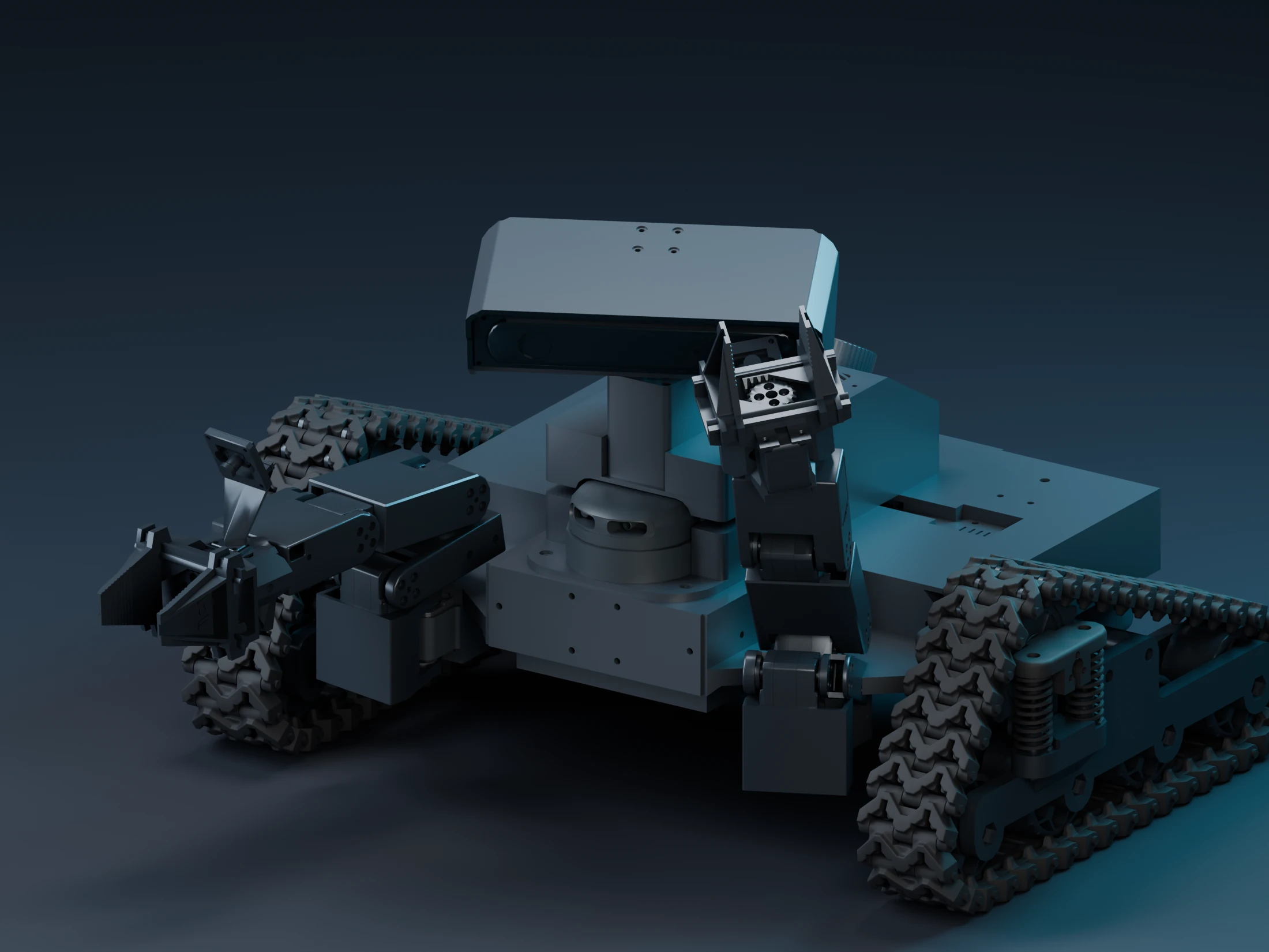 Articulated CAD detail of Envirobot with a raised gripper and camera head turned toward that arm