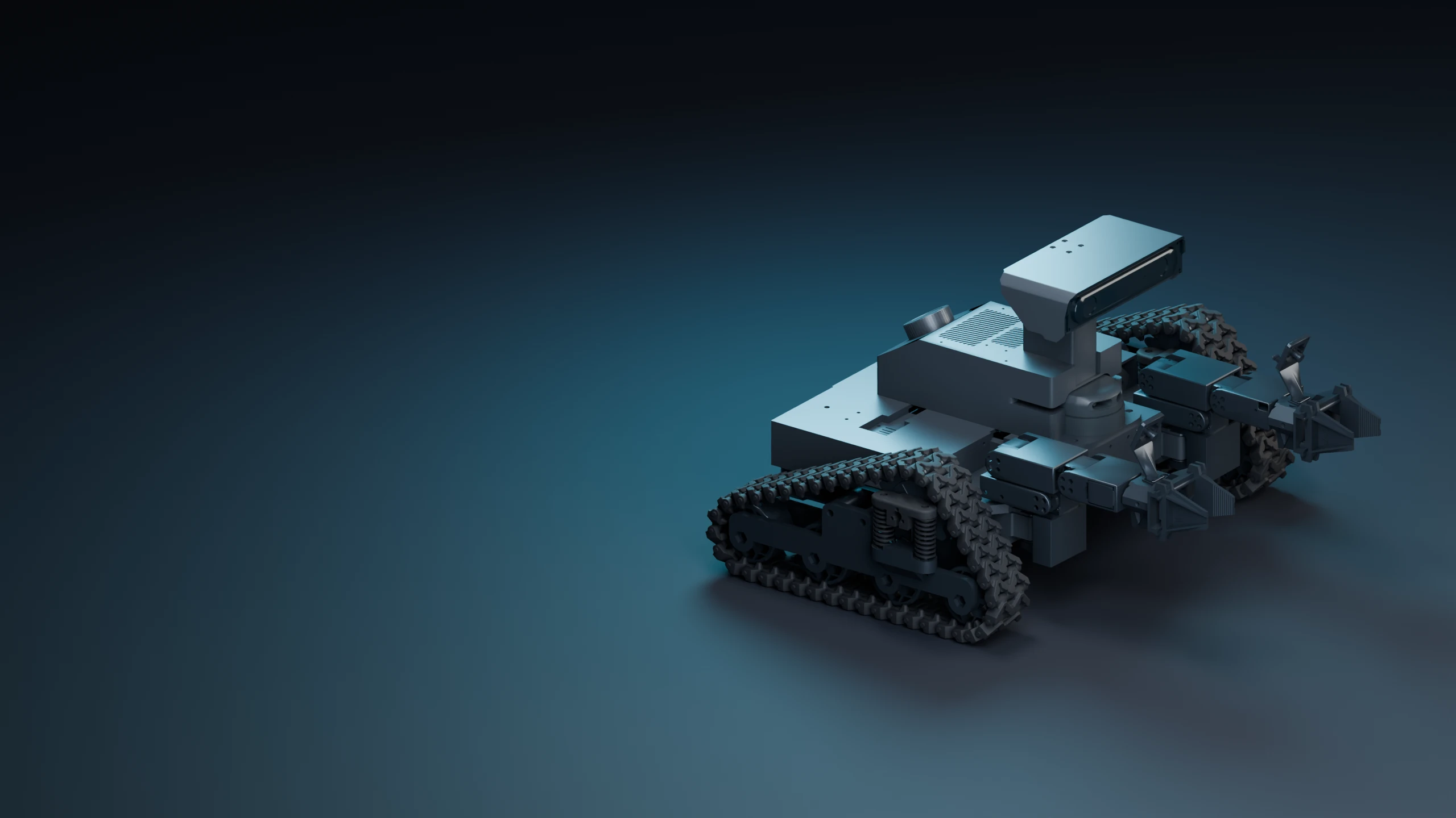CAD-based render of Envirobot with two tracks, two articulated arms and a stereo camera head