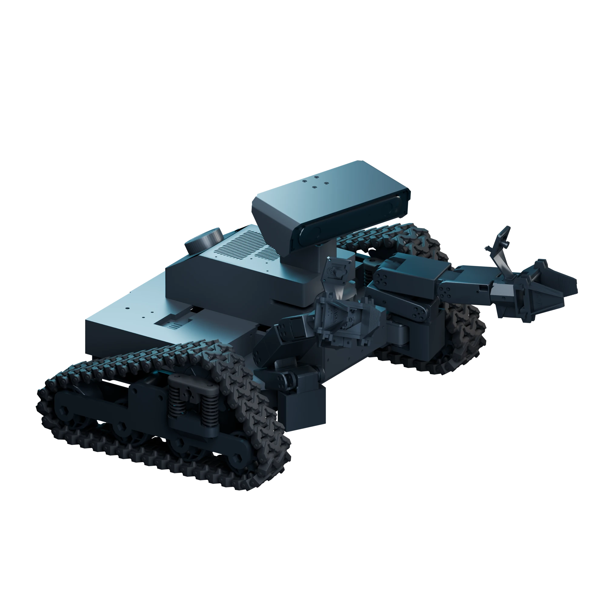 CAD render of Envirobot in an asymmetric pose, with one arm raised and the other extended